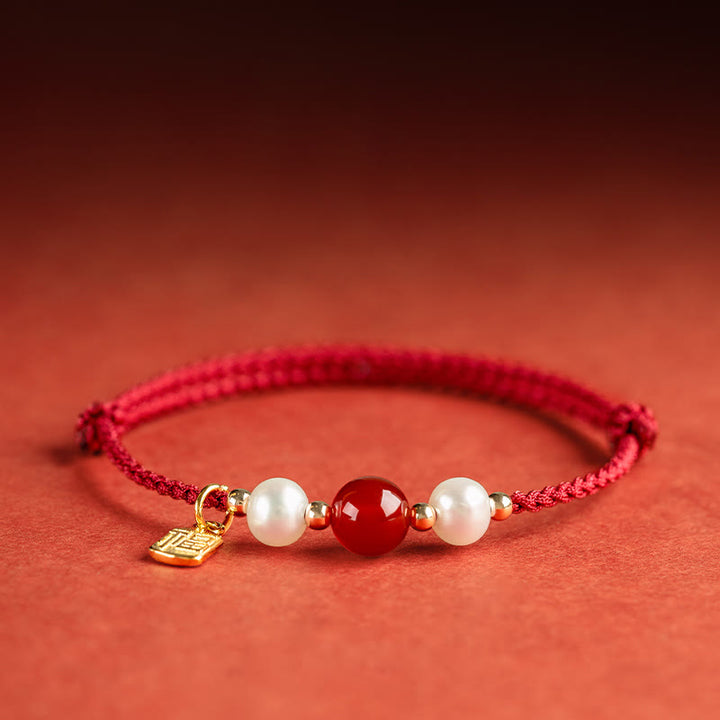 Braccialetto intrecciato in corda rossa con perle di agata e carattere Fu in argento sterling 925 con pietre Buddha Stones