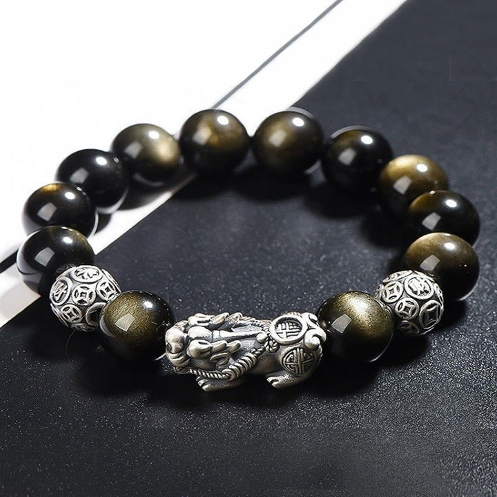 Braccialetto di protezione della ricchezza PiXiu in ossidiana naturale lucidata in argento sterling 925 Buddha Stones