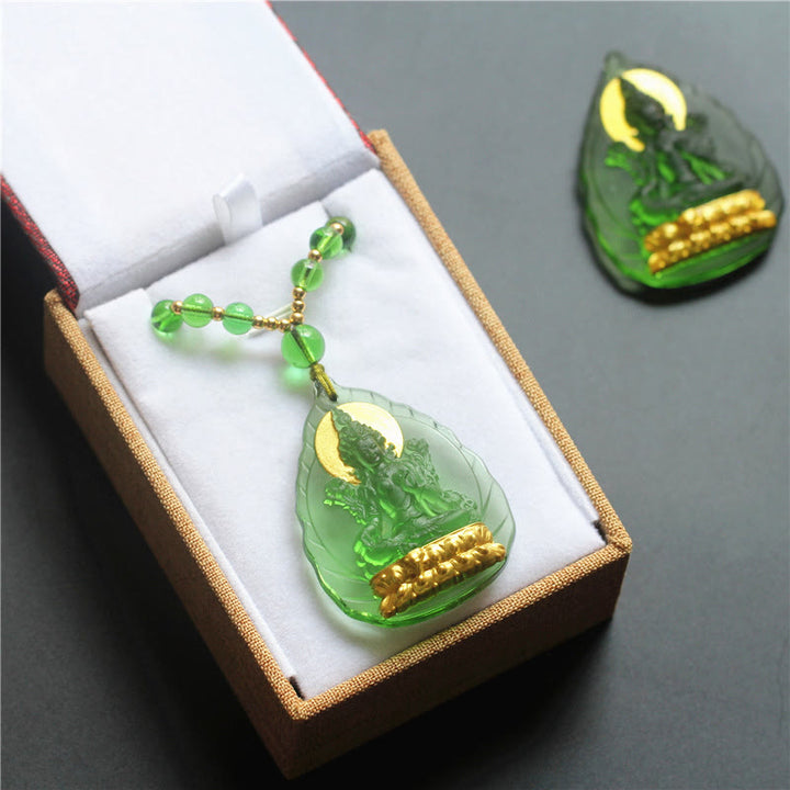 Buddha Stones Ciondolo della collana di protezione del cristallo Liuli placcato oro del Buddha di Tara verde tibetano - image 6