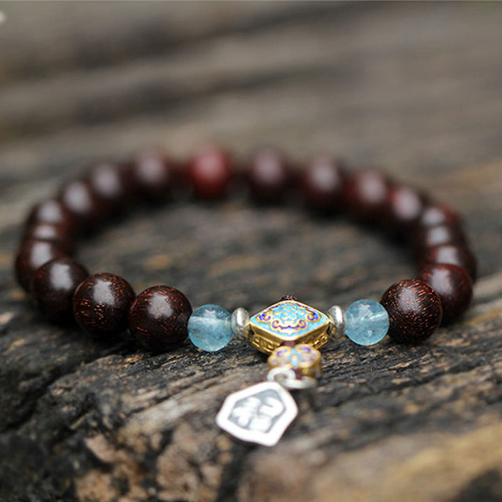 Bracciale Buddha Stones 925 Sterling Silver Indiano Piccola Foglia Sandalo Rosso Acquamarina Pieno di Stella d'Oro Cinese Nodo Benedizione Bracciale