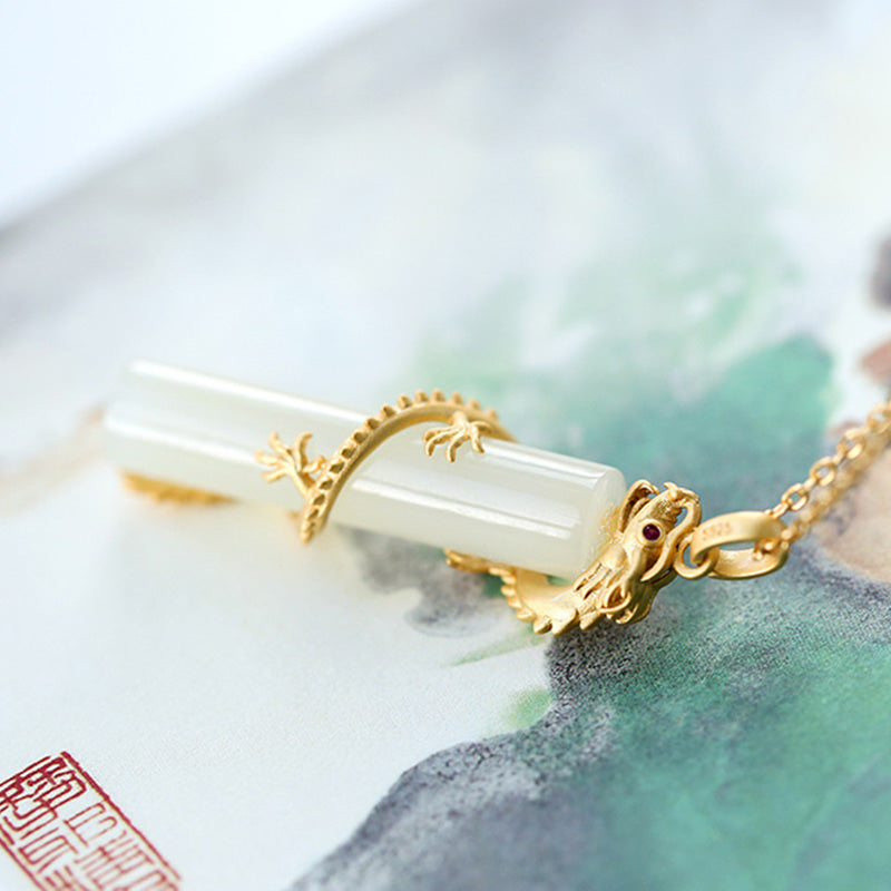 Collana con ciondolo di protezione in rame con drago e fenice in giada Buddha Stones - image 6