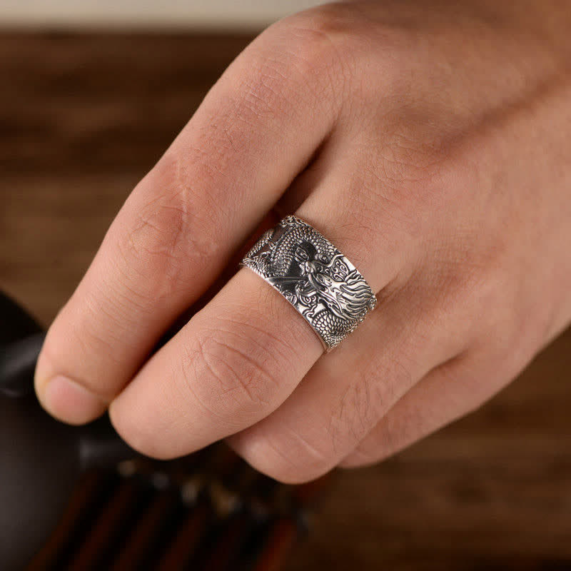 Anello di protezione e successo con motivo intagliato a drago in argento sterling 999 Buddha Stones