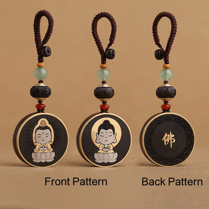 Buddha Stones Legno di ebano Palissandro Buddha Avalokitesvara Om Mani Padme Hum Equilibrio Decorazione della catena chiave dell'auto