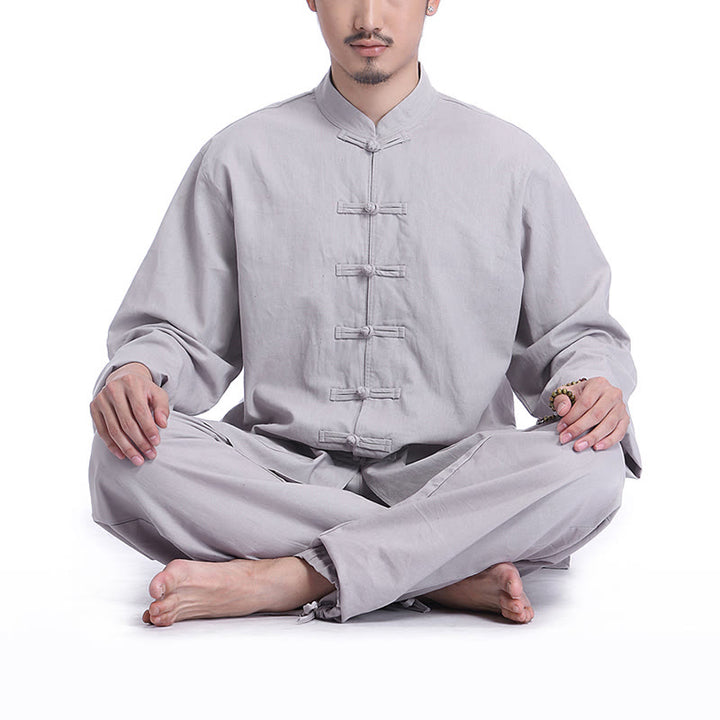 Buddha Stones, rana cinese, bottone, design, meditazione, preghiera, cotone, lino, spirituale, pratica zen, yoga, abbigliamento da uomo - Grigio (maniche lunghe) - US/UK/AU44，EU54 (3XL) - image 0