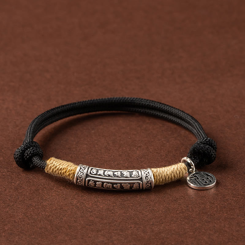 Buddha Stones 999 Sterling Silver Tibet Fatto a mano Om Mani Padme Hum Fu Carattere TopRank Carattere Fortuna Braccialetto Intrecciato - Argento Om Mani Padme Hum - Corda nera (circonferenza polso 15-19 cm) - image 3