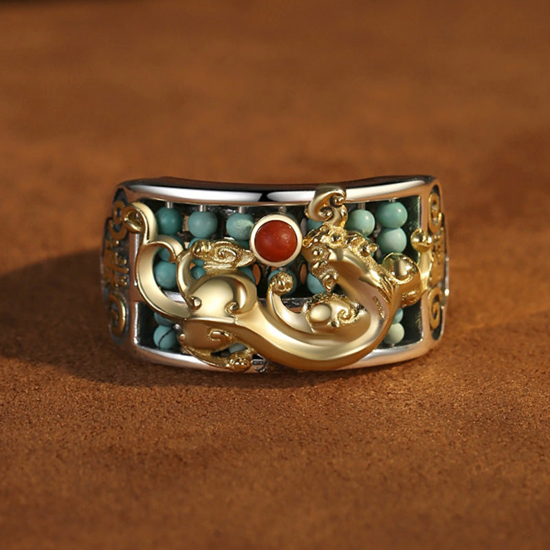 Anello di protezione PiXiu Abacus in argento sterling 925 Buddha Stones e agata rossa turchese - Turchese (Purificazione ♥ Protezione) - image 0