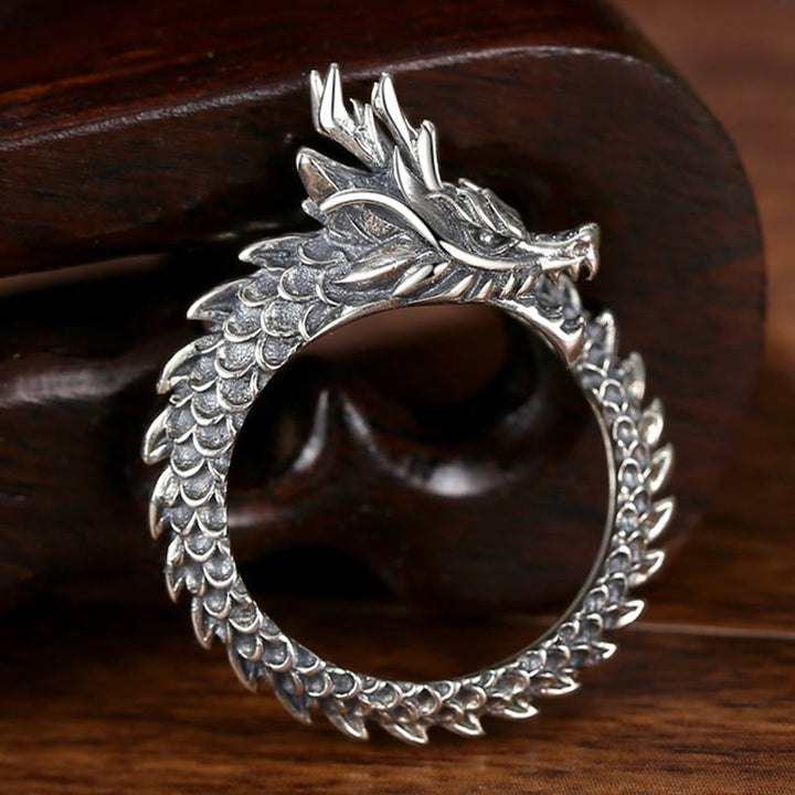 Anello regolabile Buddha Stones 925 Sterling Silver Vintage Dragon Success Protection Strength