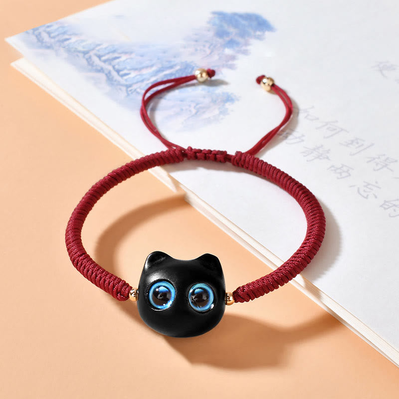Bracciale intrecciato con motivo a testa di gatto in legno di ebano Buddha Stones, nodo di King Kong della pace - Corda rosso scuro (circonferenza polso 14-18 cm) - image 1