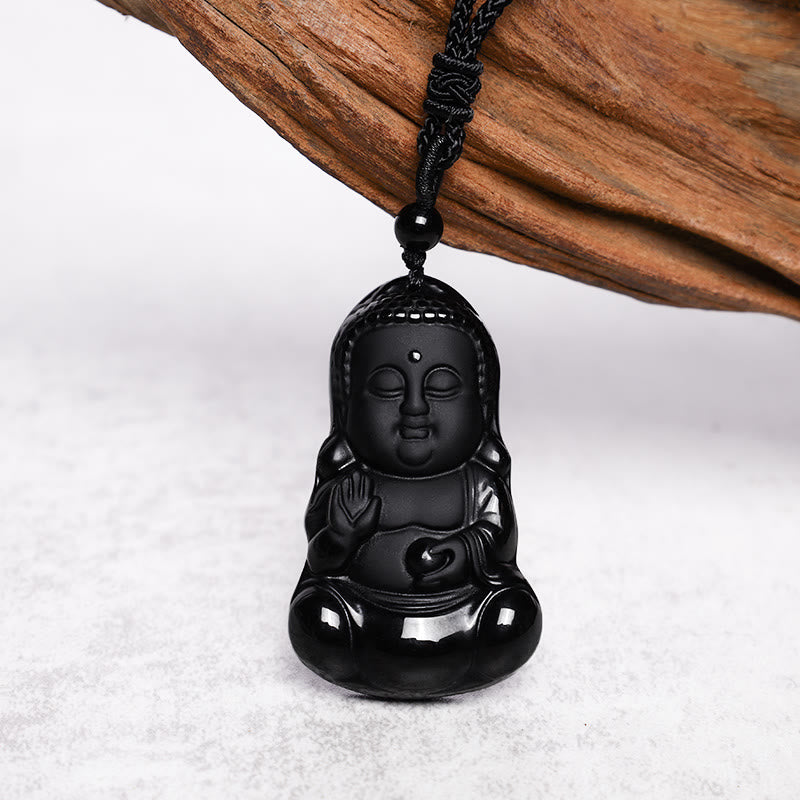 Buddha Stones Ossidiana nera naturale Cristallo Buddha Forza Protezione Amuleto Portafortuna Collana Pendente - image 4