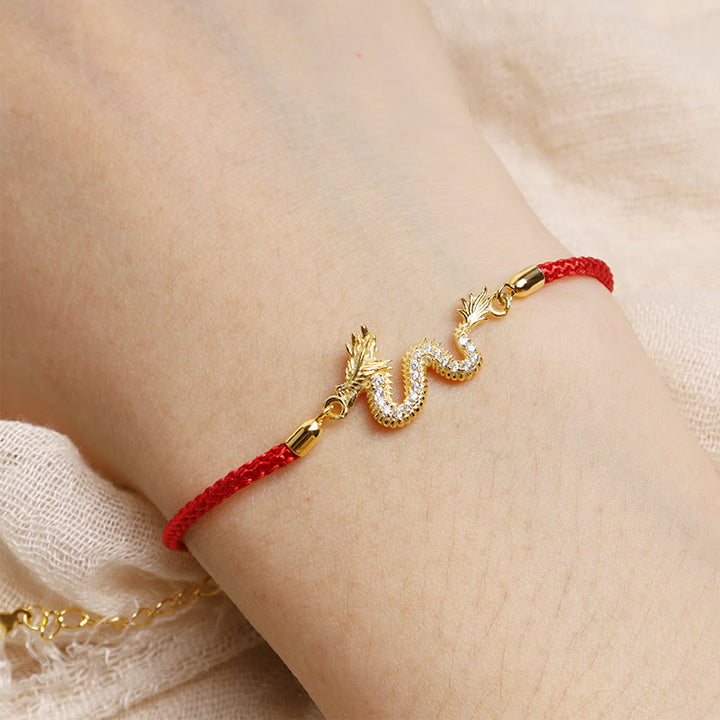 Buddha Stones con catena in corda rossa con drago dorato di buon auspicio, in argento sterling 925, anno del drago