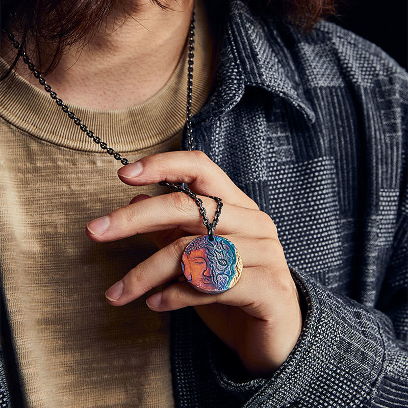 Collana con ciondolo a forma Buddha Stones in argento sterling 999 e oro 24K, metà demone e metà Buddha, con compassione - image 6