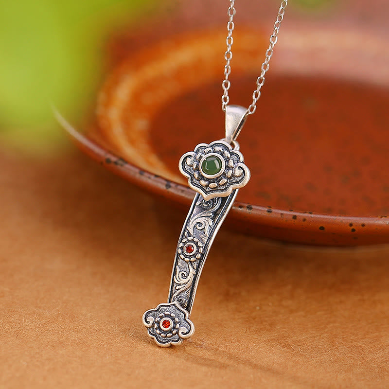 Buddha Stones Argento Sterling 925 Agata Rossa Giada Ciano Nuvole di Buon Auspicio Manico Ruyi Collana Pendente Benedizione
