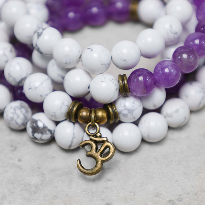 Buddha Stones 108 Mala Beads Ametista Bianco Turchese OM Braccialetto energetico per meditazione curativa