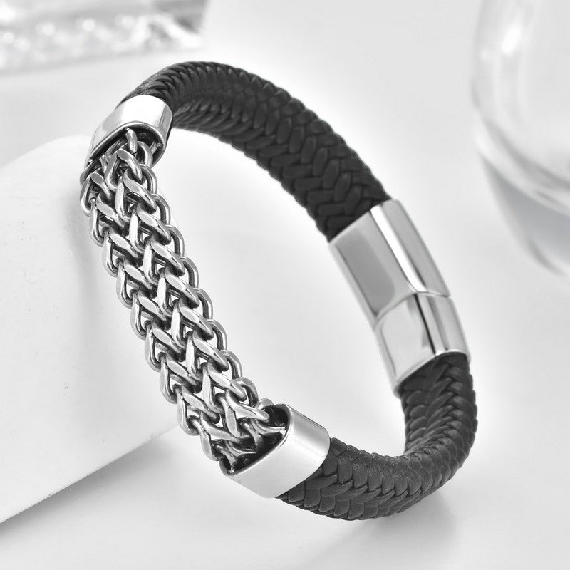 Buddha Stones Bracciale con fibbia a catena intrecciata in pelle nera. - image 1