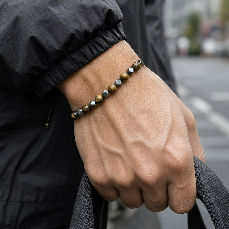 Buddha Stones Bracciale regolabile intrecciato con magnetite nera occhio di tigre e simbolo di fiducia - image 3