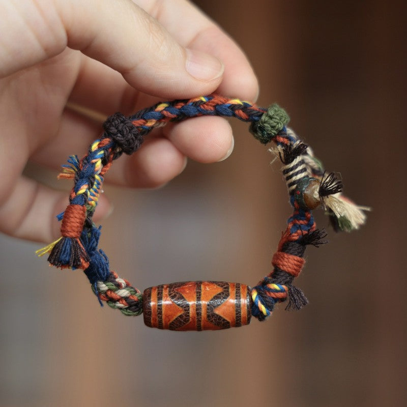 Buddha Stones Bracciale vintage tibetano con perline Dzi e cordino portafortuna - Perla Dzi a doppio dente di tigre (circonferenza del polso: 15-18 cm) - image 0