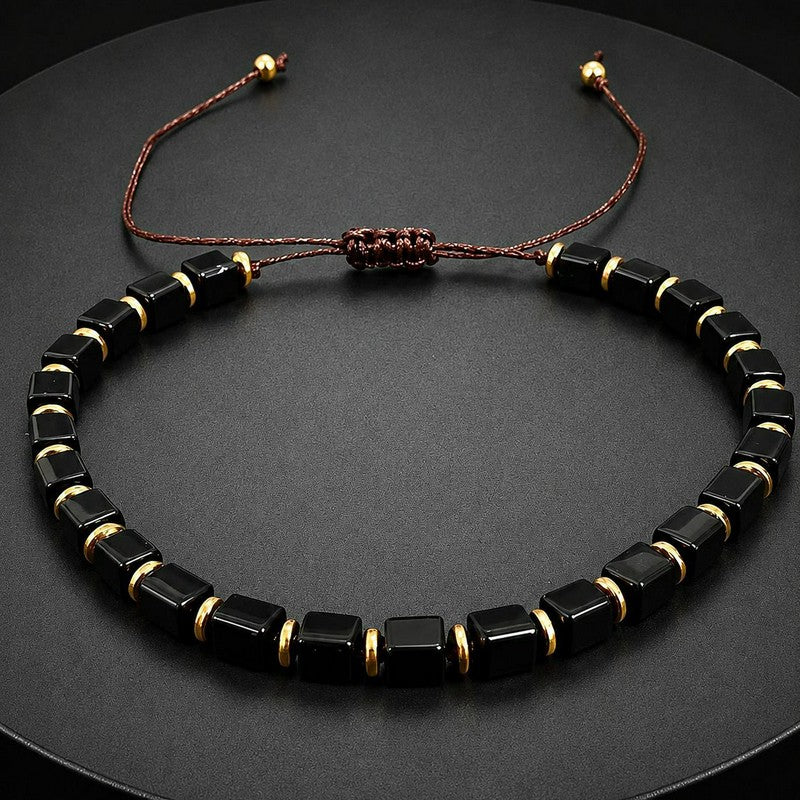 Buddha Stones Bracciale regolabile intrecciato con perline quadrate di ossidiana nera, simbolo di protezione. - image 1