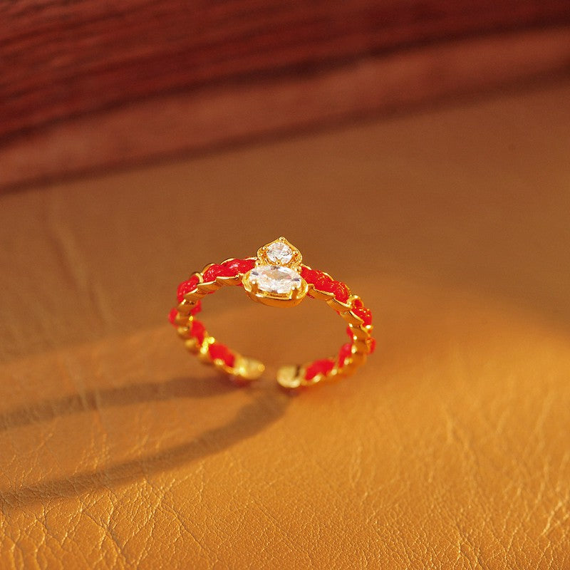 Buddha Stones Anello a fascia aperta con ciondolo a forma di zucca in lega di rame e cordino rosso. - image 1