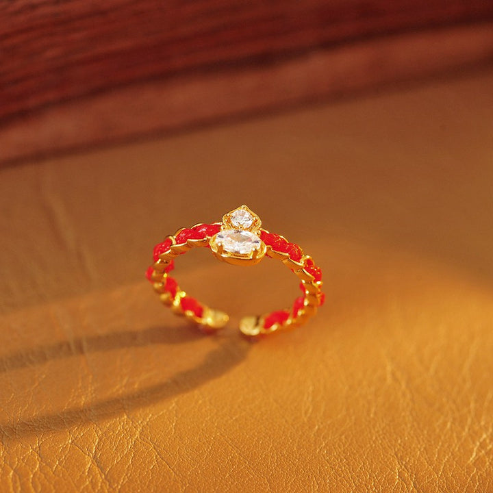 Buddha Stones Anello a fascia aperta con ciondolo a forma di zucca in lega di rame e cordino rosso. - image 1