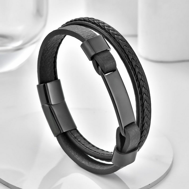 Buddha Stones Bracciale in pelle a doppio strato con design intrecciato - Nero - image 0