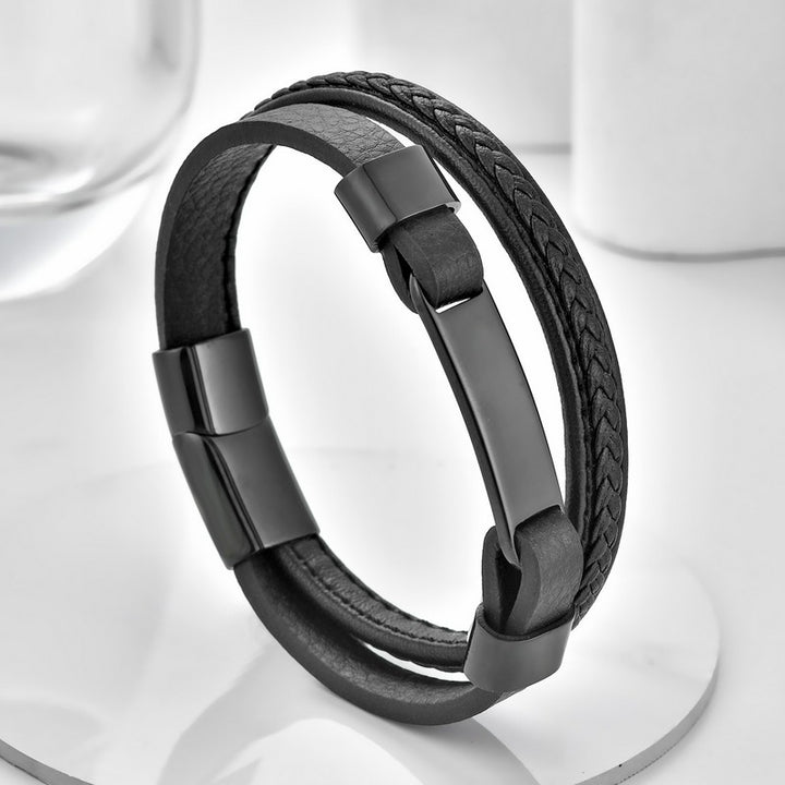 Buddha Stones Bracciale in pelle a doppio strato con design intrecciato - Nero - image 0