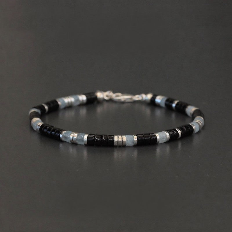 Buddha Stones Bracciale elastico protettivo con perline in onice nera e calcedonio blu - Calcedonio blu e onice nero (Circonferenza del polso: 16-18 cm) - image 0