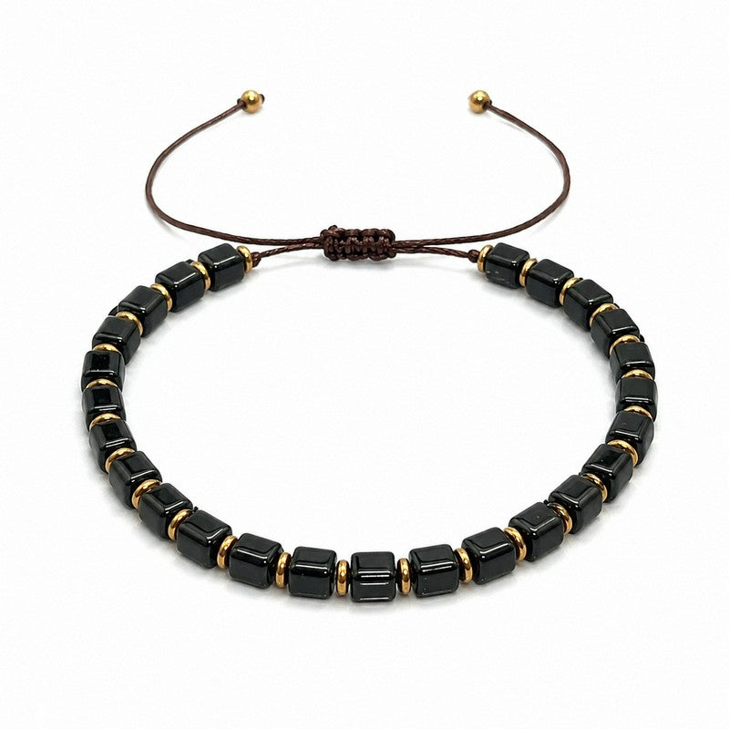 Buddha Stones Bracciale regolabile intrecciato con perline quadrate di ossidiana nera, simbolo di protezione. - image 4