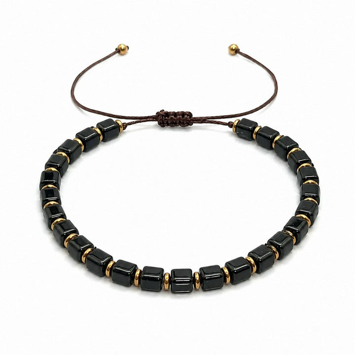 Buddha Stones Bracciale regolabile intrecciato con perline quadrate di ossidiana nera, simbolo di protezione. - image 4