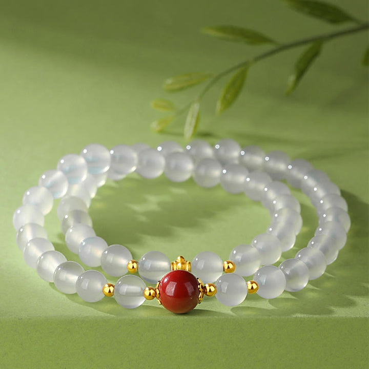 Braccialetto di protezione a doppio giro Buddha Stones in argento sterling 925 con agata bianca naturale e cinabro