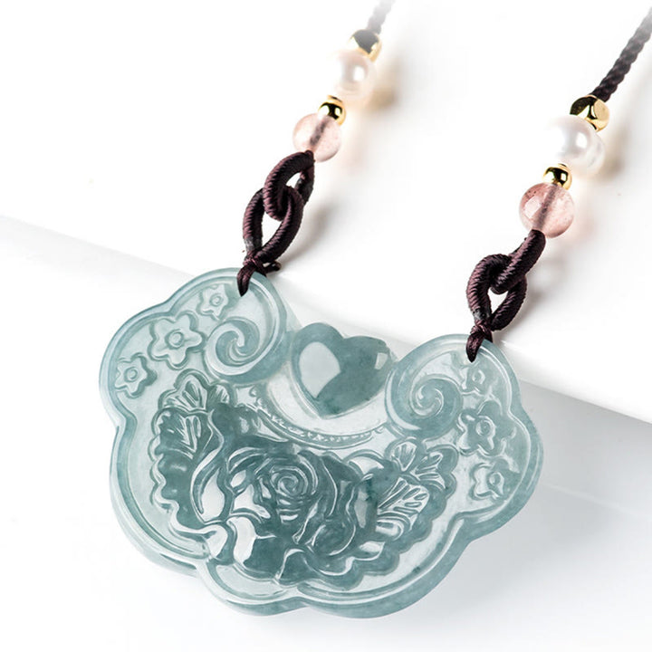 Collana con Buddha Stones a forma di fiore di peonia in giada naturale con ciondolo a forma di lucchetto di buoni auguri e prosperità