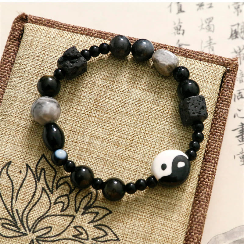 Braccialetto di protezione della fortuna Yin Yang con perline di diaspro Picasso in onice nero Buddha Stones - image 5