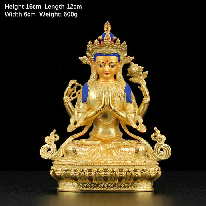 Statua di protezione di Avalokitesvara a quattro braccia di Chenrezig, placcata in oro e rame