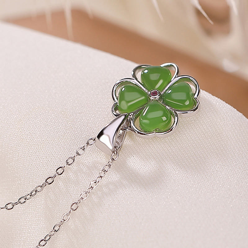 Collana con ciondolo a forma di quadrifoglio fortunato con Buddha Stones in argento sterling 925, giada ciano Hetian, guarigione