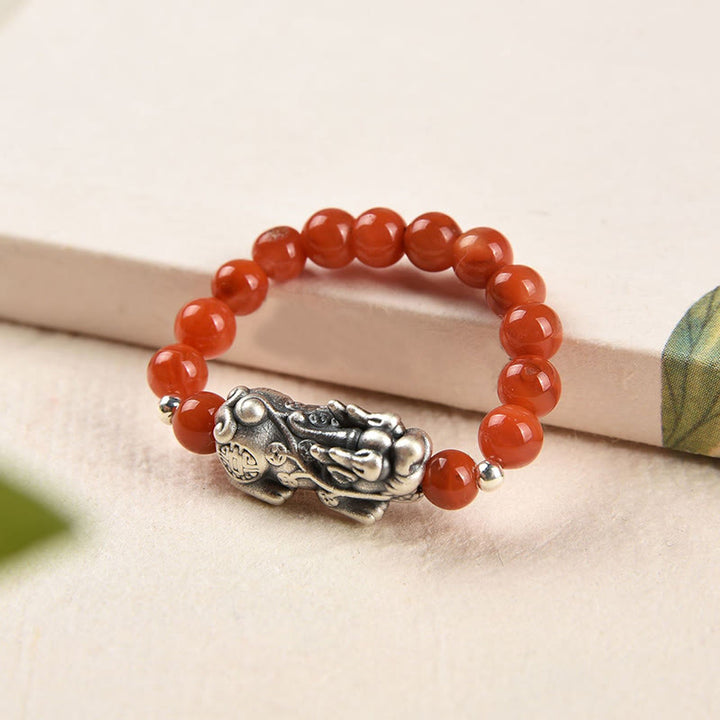 Buddha Stones 925 Sterling Silver Granato Naturale Pietra di Luna Agata Rossa Anello PiXiu Wealth