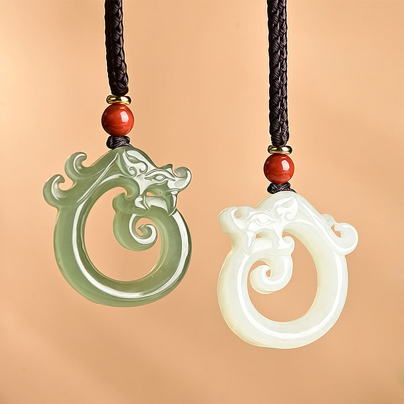 Collana con ciondolo a corda con protezione del drago in giada bianca e giada Buddha Stones - Giada ciano e giada bianca - image 1