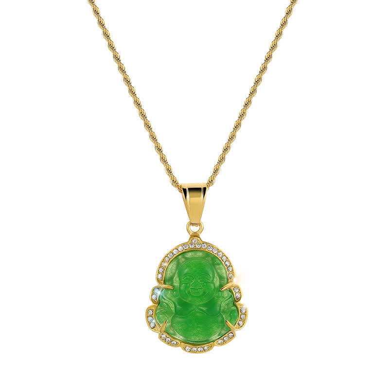 Collana con ciondolo a forma di Buddha in giada con Buddha che ride, riempita in oro 18 carati, Buddha Stones - Verde - image 3