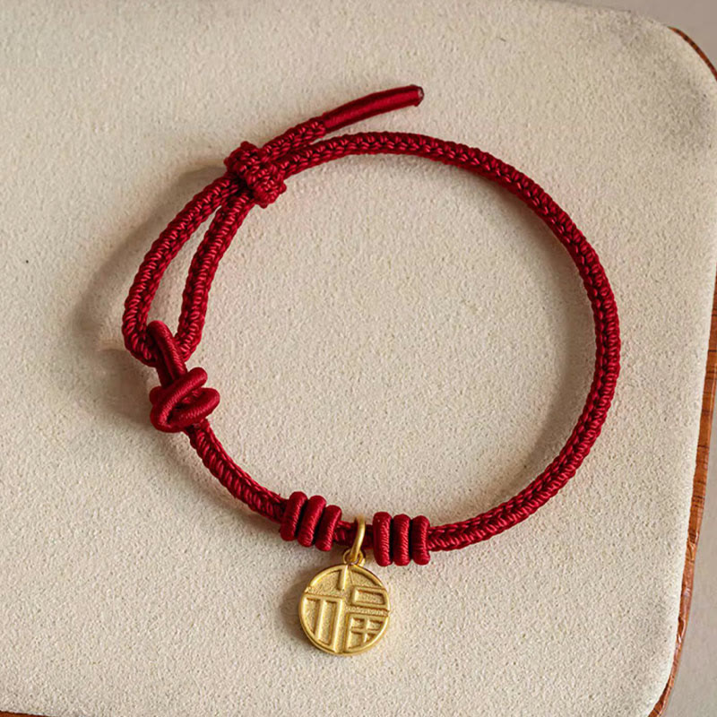 Braccialetto di corda rossa con ciondolo a forma di carattere Fu con nodo della pace a otto fili fatto a mano Buddha Stones