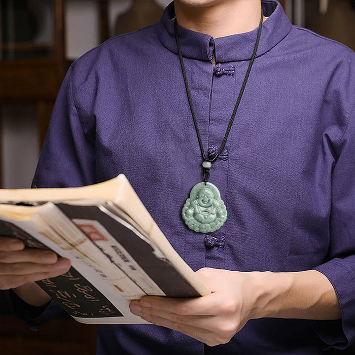 Buddha Stones Buddha che ride Collana con ciondolo in giada naturale con moneta di rame e abbondanza