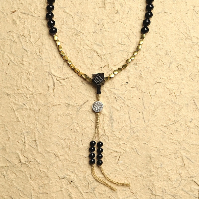 Buddha Stones Tibetano 108 Mala Beads Onice Nero Tre Occhi Dzi Beads Bracciale di Protezione