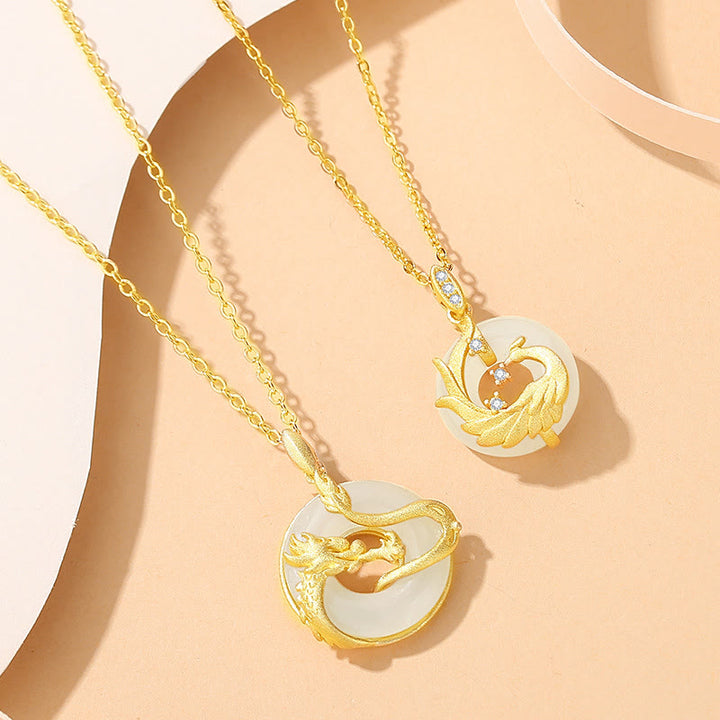 Buddha Stones Argento Sterling 925 Anno del Drago Giada Hetian Drago d'Oro Fenice Fibbia della Pace Collana con Pendente della Fortuna - image 3