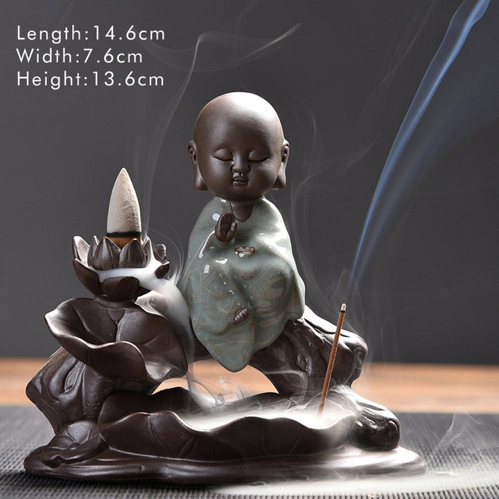 Buddha Stones Piccolo Monaco Ceramica Loto Benedizione Bruciatore Incenso Decorazione
