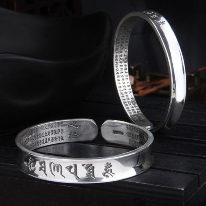Buddha Stones 999 Sterling Silver Om Mani Padme Hum Cuore Sutra Amore Pace Bracciale Bangle