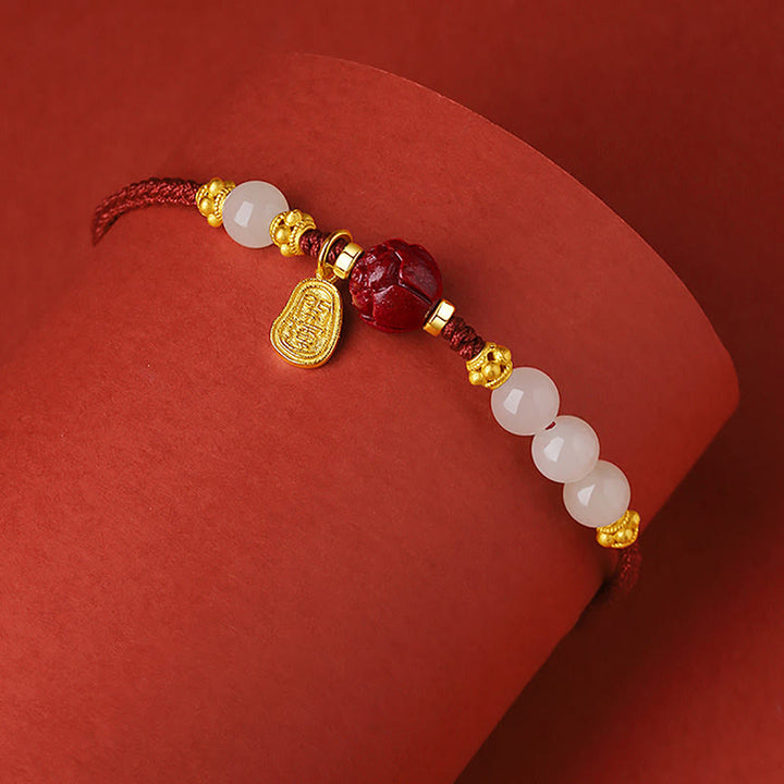 Bracciale Buddha Stones placcato oro 24K Hetian White Jade Cinnabar Lotus Luck Rope