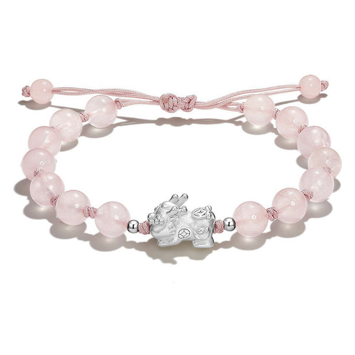Braccialetto Buddha Stones Natural Black Ossidiana Occhio di Gatto Cristallo Rosa PiXiu Strength - Bracciale PiXiu in cristallo rosa (circonferenza del polso 14-15 cm) - image 10