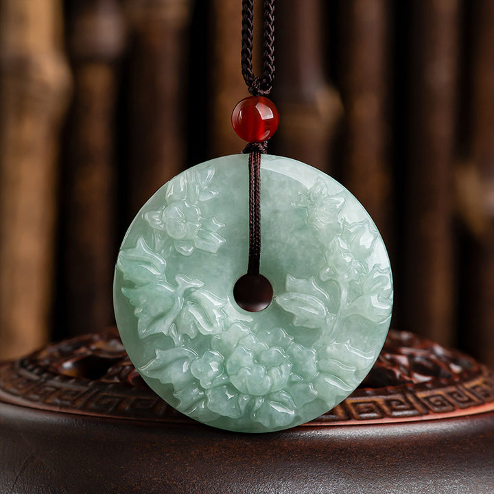 Collana con ciondolo a forma di fiore di peonia con Buddha Stones, giada rotonda e fibbia della pace