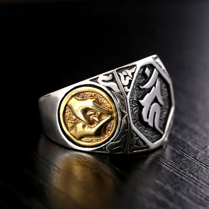 Anello regolabile con protezione intagliata in argento sterling 925 con design sanscrito Buddha Stones