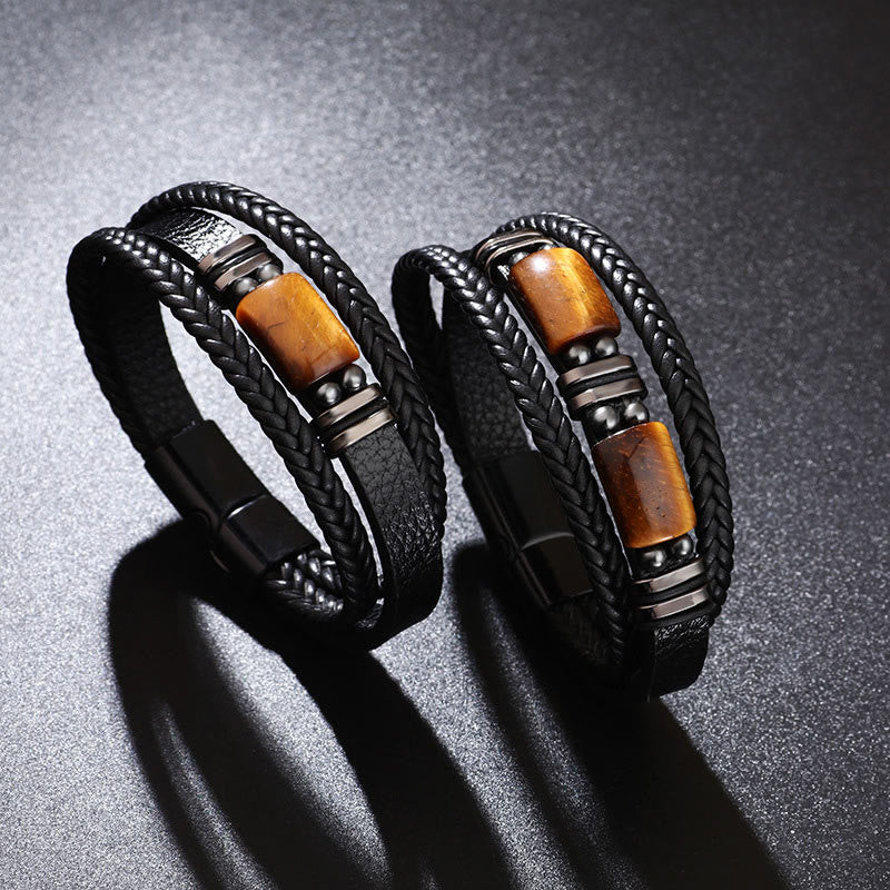 Braccialetto in pelle multistrato con fibbia magnetica e occhio di tigre Buddha Stones