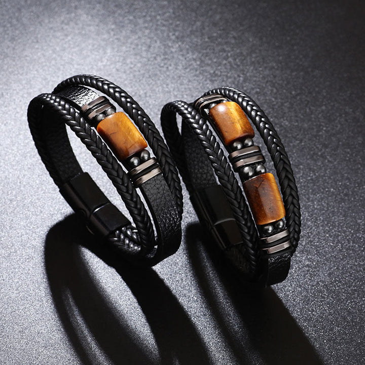 Braccialetto in pelle multistrato con fibbia magnetica e occhio di tigre Buddha Stones