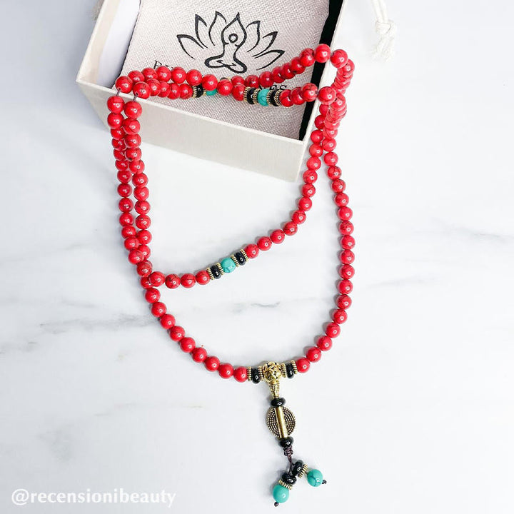 Buddha Stones Mala Tibetano Turchese Rosso Collana Fortunata Bracciale