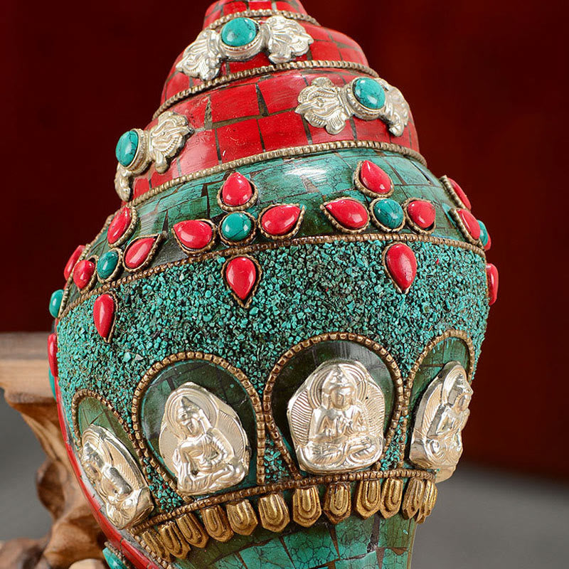 Shankha tibetano fatto a mano Om Mani Padme Hum Buddha Avalokitesvara Turchese Conchiglia Decorazione positiva